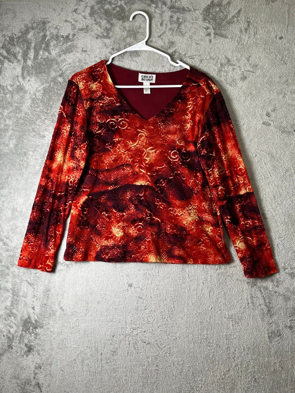 Vintage Y2k Velvet Floral Mesh Top Boho VNeck Long Sleeve Red Orange Medium